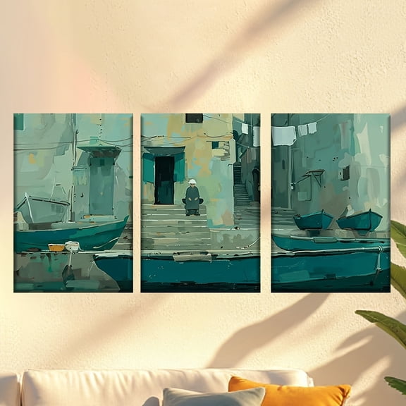 []3pcs/set, Canvas painting--Unframed, Colorful abstract seaside town, Posters and prints, living room, office, library, bar, cafe, abstract art, perfect birthday, holiday gift, Easter egg, April Fo