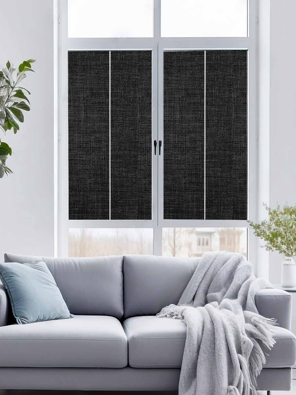 Static Cling Non Adhesive Window Film, Black Window Privacy Film Frosted, Farmhouse Burlap Solid Black Color Modern Linen Texture Opaque Window Coverings for Small Windows, Home, 17.7 x 39.3 Inches