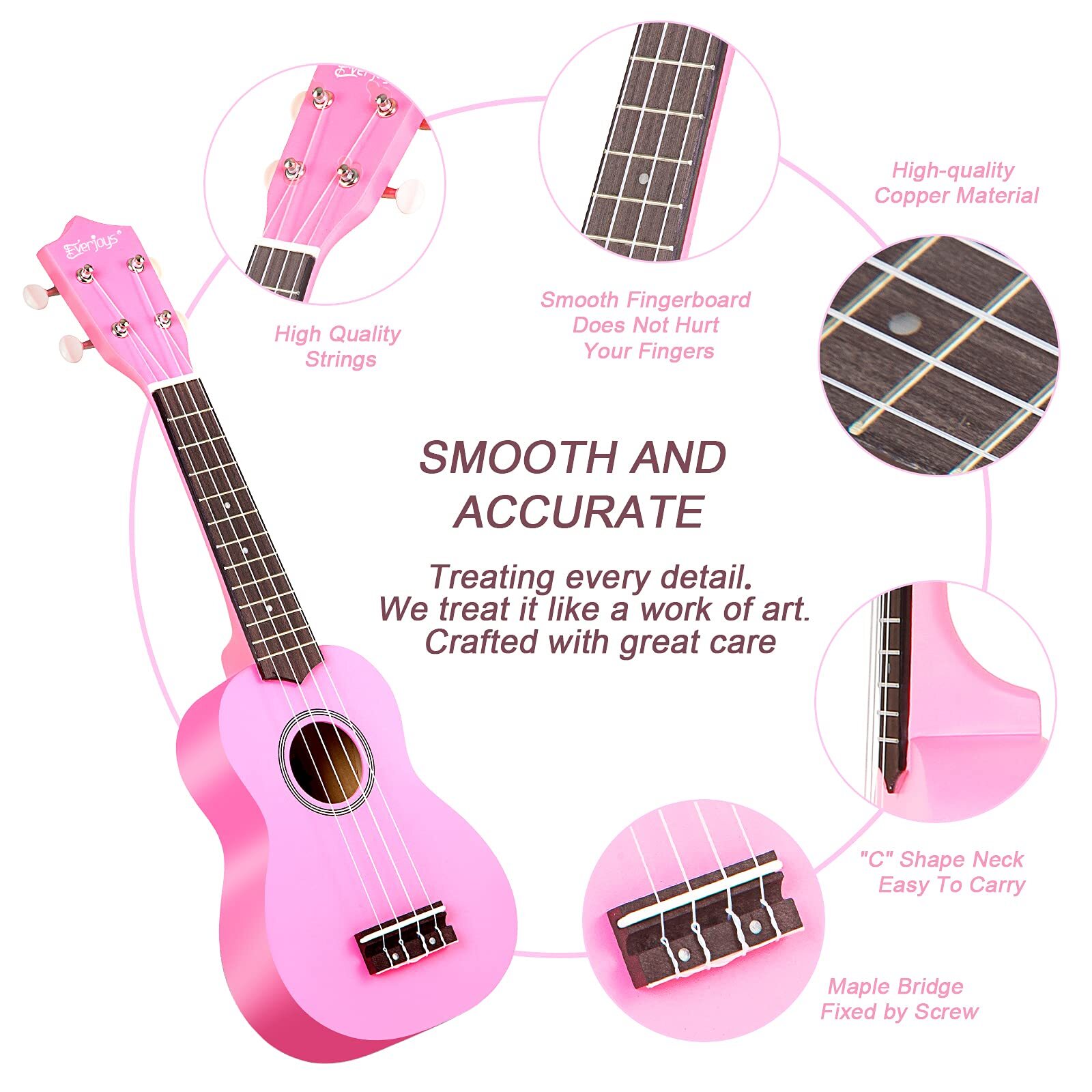 Everjoys 21in Soprano Ukulele Starter Kit Pink photo 6