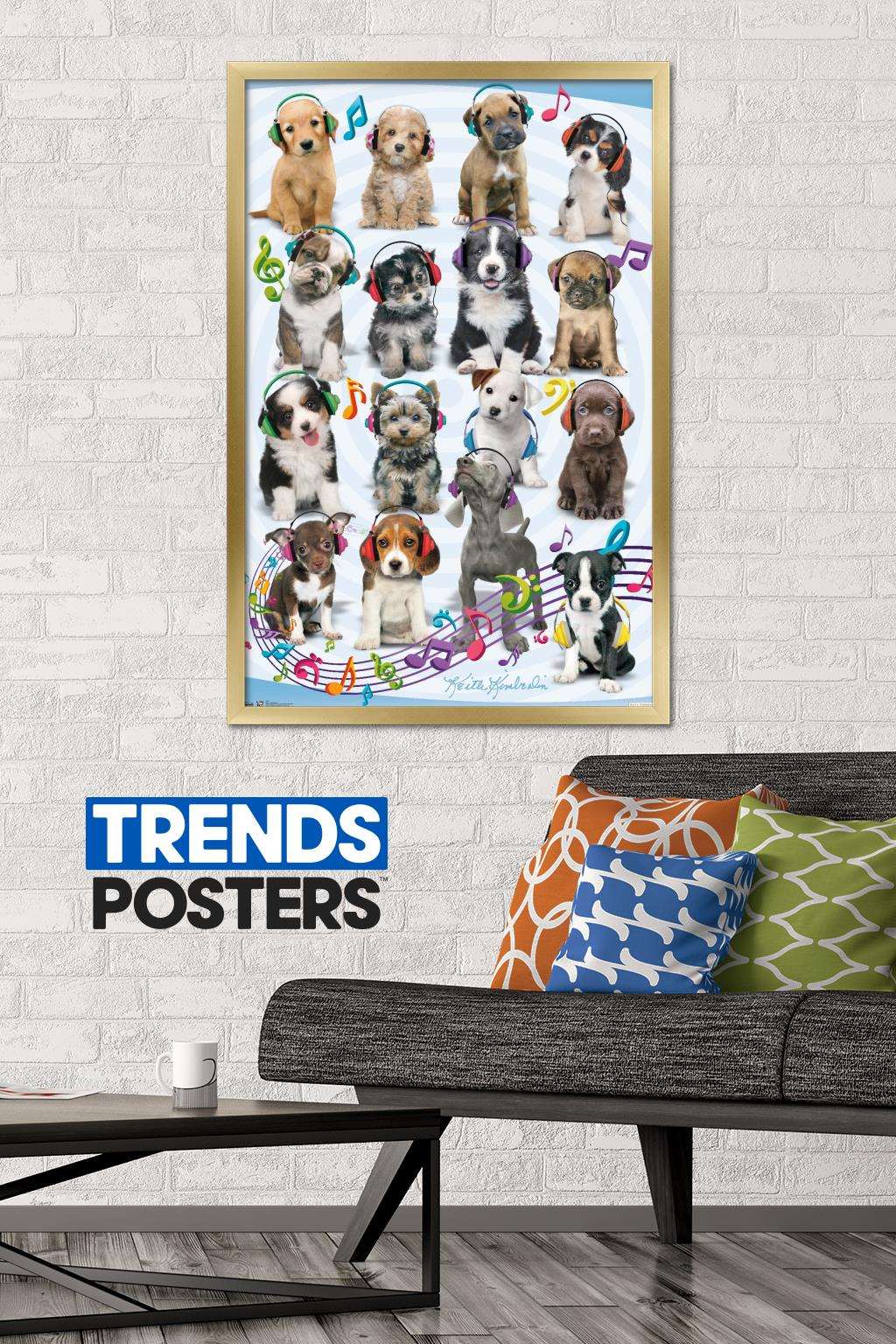 Keith Kimberlin - Puppies - Headphones Wall Poster, 22.375" x 34", Framed