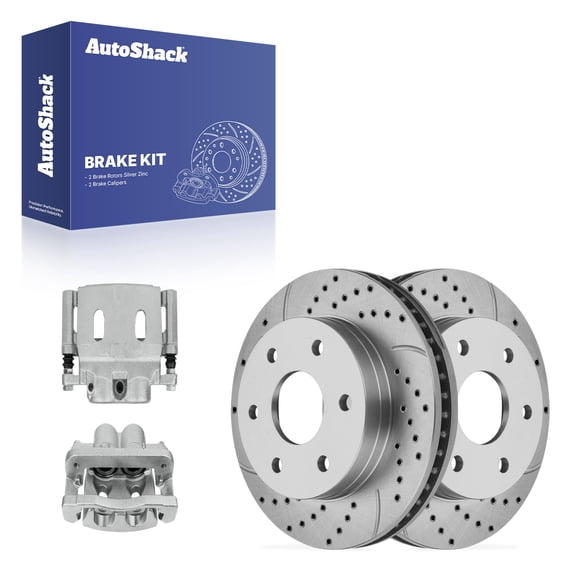 AutoShack Front Vented Drilled & Slotted Silver Zinc Coated Brake Rotors   Calipers 4-PC Brake Kit Replacement for 2007 GMC Sierra 1500 Classic SilverShield Pro 11.99" (304.6 mm)