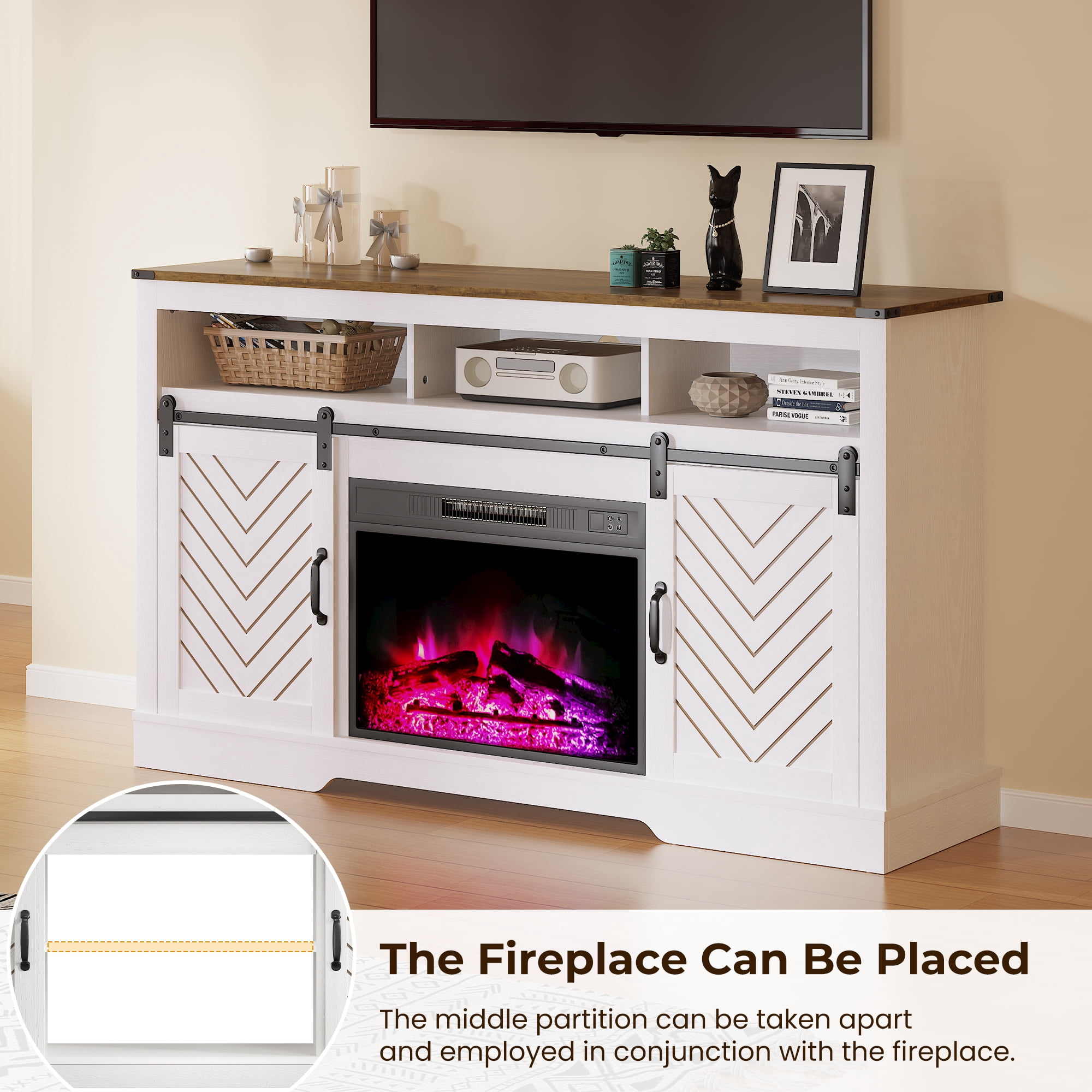 May in Color Farmhouse TV Stand, 34 Inch Tall, for 65+ Inch TV, Sliding Bar Door, Wood-Tone White