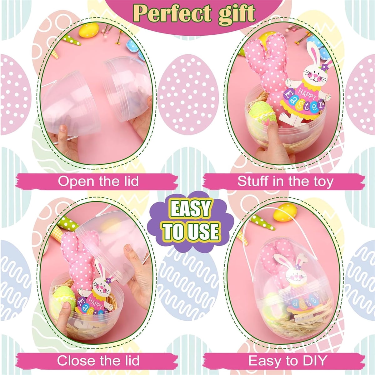 Tutuviw 6 Pcs Giant Clear Easter Egg with Handles, 8 in Large Easter Eggs,DIY Jumbo Easter Egg Fillable Big Bunny for Easter Hunt Game Supplies,Egg Shaped Baskets Containers Decoration