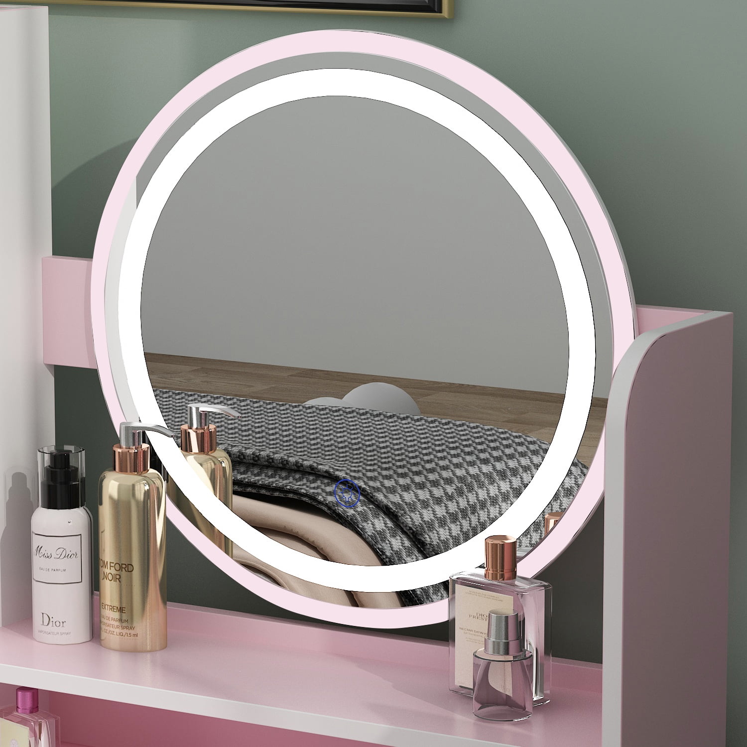 OxyLife Contemporary Vanity Set with LED Lights, Pink Table and Stool