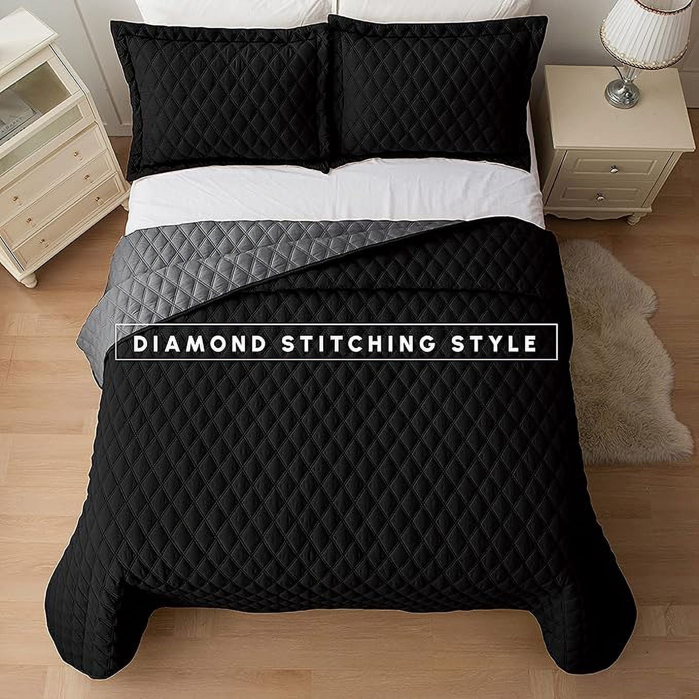 Elegant Comfort 3-Piece Quilted Reversible Bedspread Coverlet Set with Pillow Shams, Exquisite Diamond Stitching All Season Heavy Weight - Ultra Soft Premium Quilt- Twin, Black/Gray