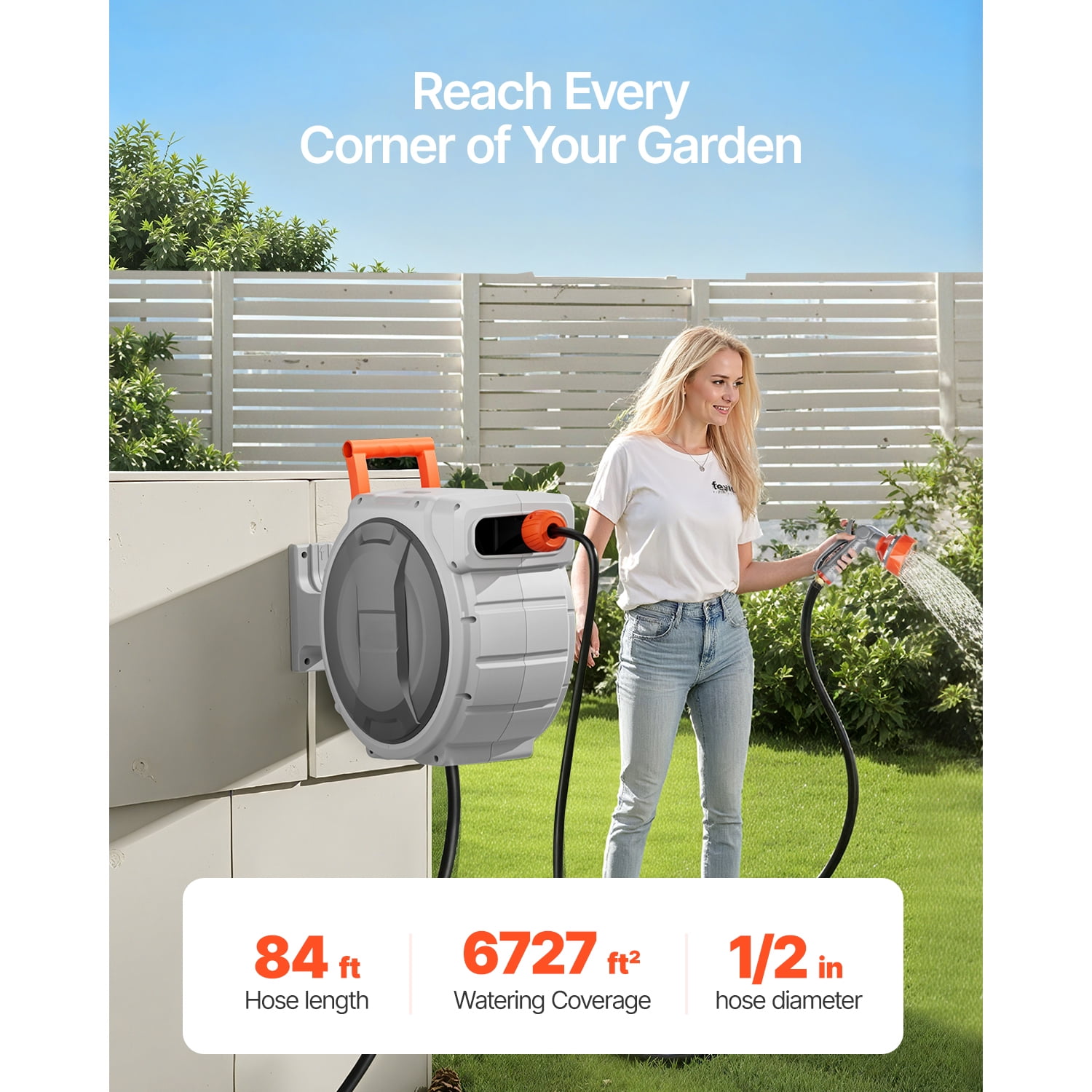 KFFKFF Retractable Hose Reel 84ft x 1/2in, Wall-Mounted Garden Hose Reel with 9-Function Nozzle, Lawn Watering Hose Reel 180° Swivel Bracket, Adjustable Length Lock, Upgraded Slow Return System