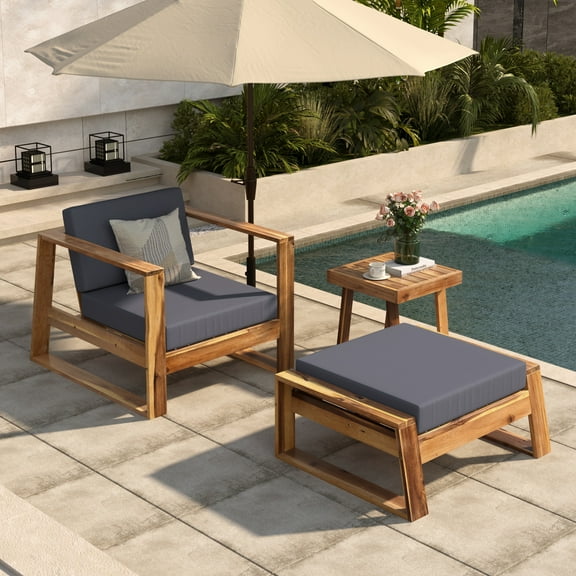 Bellemave 3-Piece Acacia Wood Outdoor Lounge Set with Side Table Patio Chair and Ottoman with Cushion Lounge Chair Set for Balcony, Garden, Yard, Gray Cushion