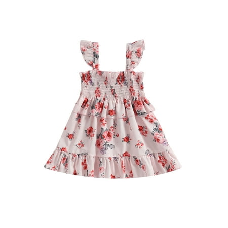 

Toddler Baby Girl Dress Sling Layered Ruffle Floral Print Summer Beach A-line Boho Skirt Princess Sundress