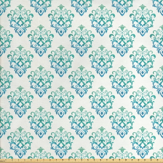Oriental Upholstery Fabric by the Yard, Vintage Style Royal Damask Inspired Motifs Flourishes, Decorative Fabric for DIY and Home Accents, Deep Sky Blue Seafoam by Ambesonne