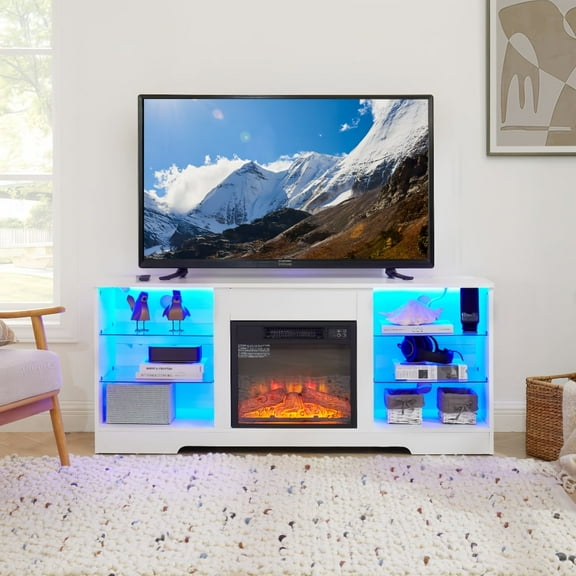 Multi-functional Electric Fireplace TV Stand with LED Lights & USB, Fits 32-62" TV, White