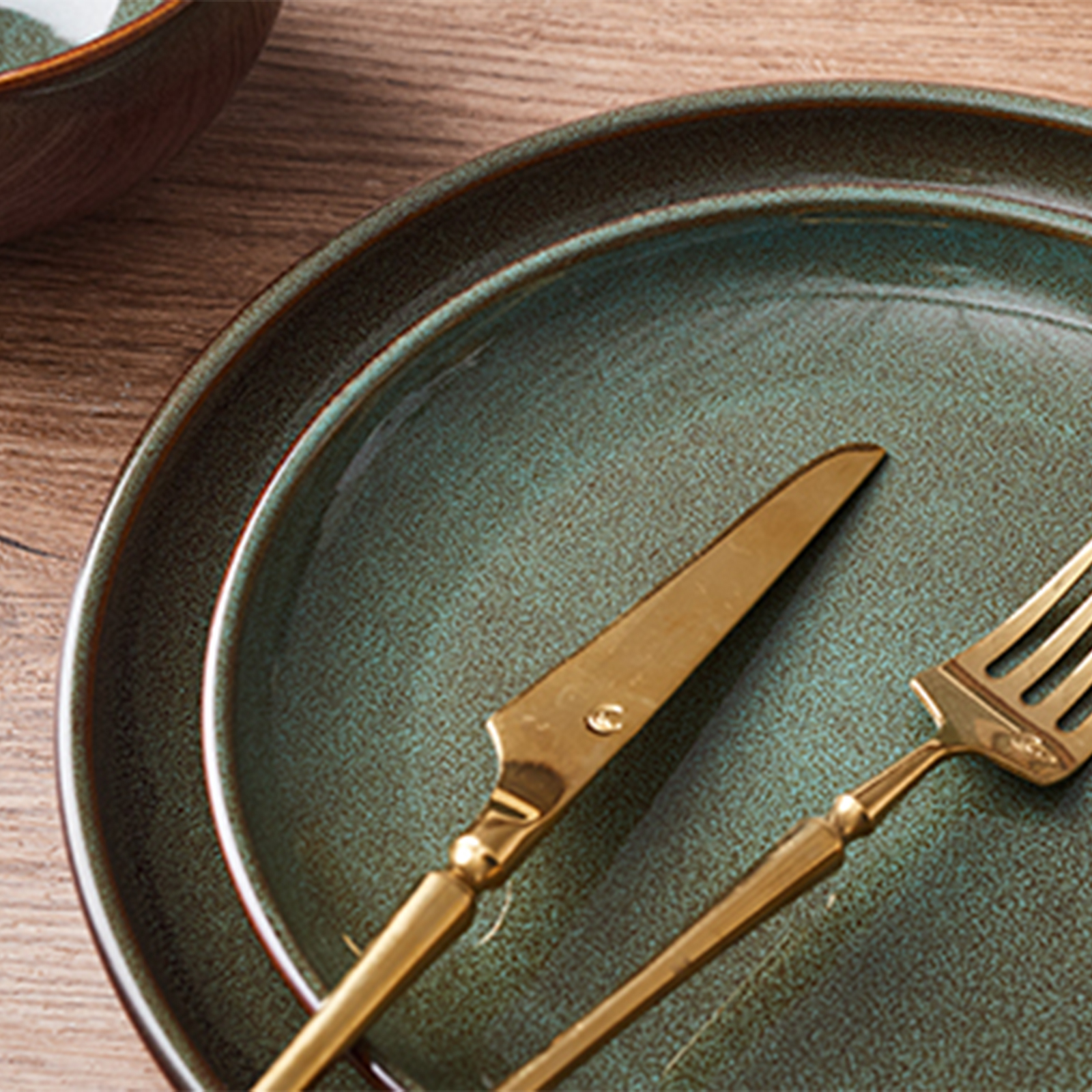 POKINI 12-Piece Stoneware Dinnerware Set, Brown Green photo 2