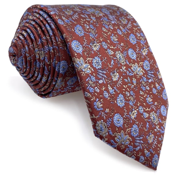 Necktie for Men Red Medium Vermillion Blue Floral Tie Party Classic Size 57.5"×3.15"
