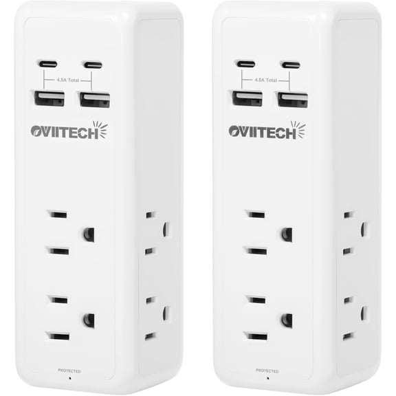 6 Outlet Extender with 4USB Wall Charger, 450J Surge Protector, Spaced Outlets, White (2 Pack)