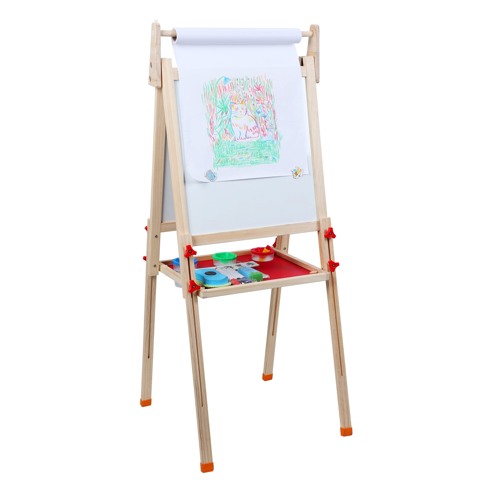 Kids Easel, Toddlers Art Easel, Wooden Kid Easel with Paper Roll, Height Adjustable Magnetic Double Sided Easel, Kids Dry Erase Board