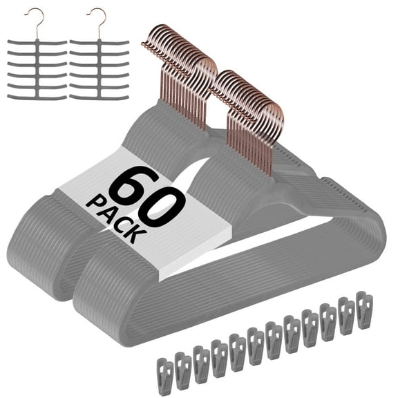 VECELO 60 Pack Velvet Non-Slip Heavy Duty Adult Hangers with 360° Swivel Hook, Ultra-Thin Space Saving Clothes Organizer for Coats Shirts Dresses Closet Storage-Grey