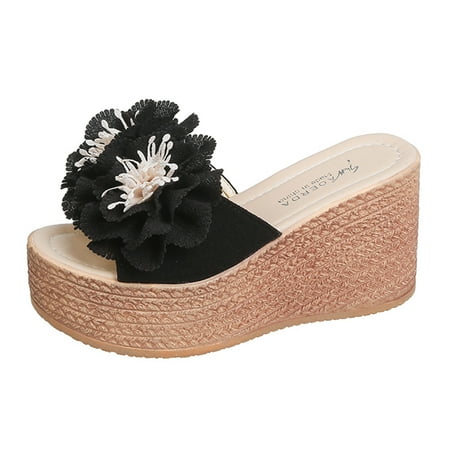 iOPQO Women s slipper Women Slippers Thick Sole Wedge Heel Thick Sole Flower Slippers Fashion Versatile Fish Mouth Breathable Wedge Heel Slippers Sandals shoes wedge flower slippers Black 40