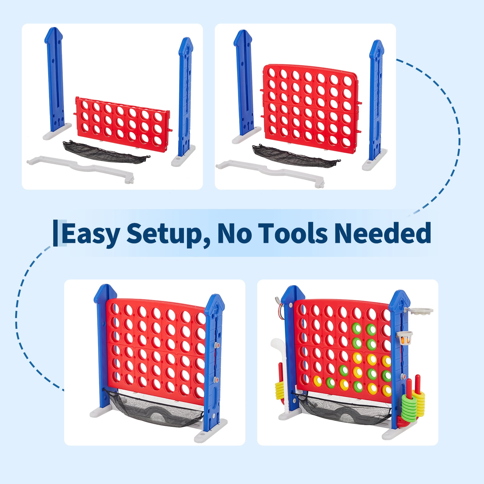 Giant 4-to-Score Game Set, 3-Level Height Adjustable Jumbo 4-in-a-Row Game with Quick-Release Slider, Mini Basketball, Golf & Ring Toss Set for Party