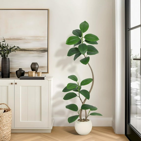 5FT Artificial Plant Rubber Tree with White Sphere Resin Planter & Brown Stone Faux Tree Indoor Artificial Tree Tall Plant Fake Tree Tropical Large Floor Tree Real Touch for Home Decoration