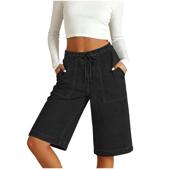 Byworldtasic Women's Soft Stretch Denim Drawstring Shorts Casual Bermuda Jean Shorts with Deep Pockets