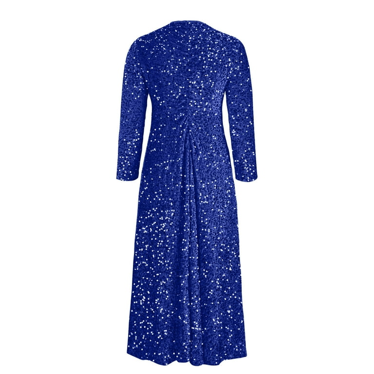 LYEAA Plus Size Formal Dresses for Women Long Sleeve Crew Neck Glitter  Sequin Long Dress Flowy Elegant Dress Solid Color High Waist Evening Gown  Cocktail Dress Fashion Dress Dress Blue XXL -