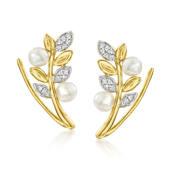 Ross-Simons 3.5-4mm Cultured Pearl Leaf Ear Climbers With Diamonds in 14kt Yellow Gold, Women's, Adult
