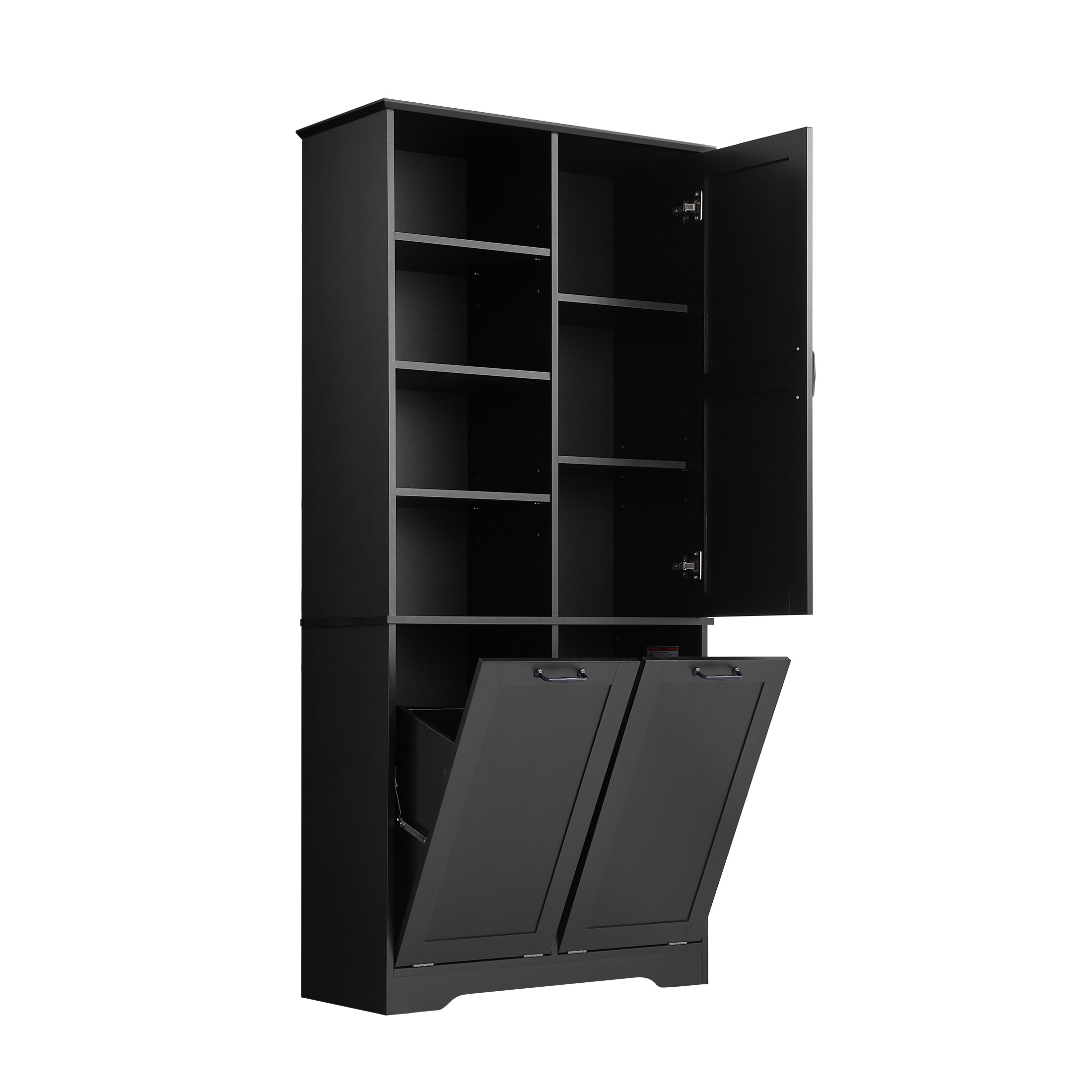 GDF Studio 68" Bathroom Storage Cabinet with Doors and Drawers, Tilt-Out Laundry Hamper, Open Shelves, Black