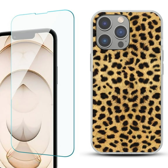 OneToughShield ® for iPhone 15 Pro Shockproof Phone Case, with Tempered Glass Screen Protector - Cheetah Gold/Black
