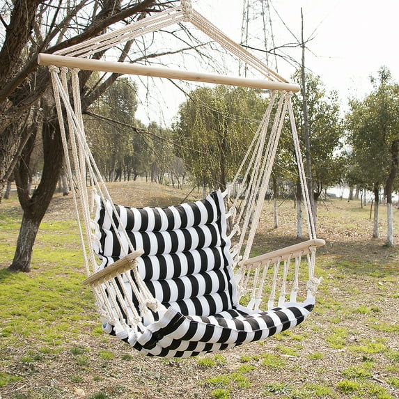 Patio Yard Hammock Cotton Hanging Rope Swing Seat&Indoor Outdoor Relax Swing Chair for White and Black Stripe