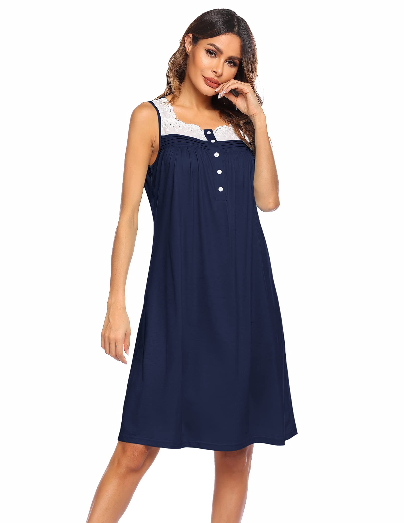 Hotouch Women's Nightgown Button Nightshirt Lace Sleeveless Printed