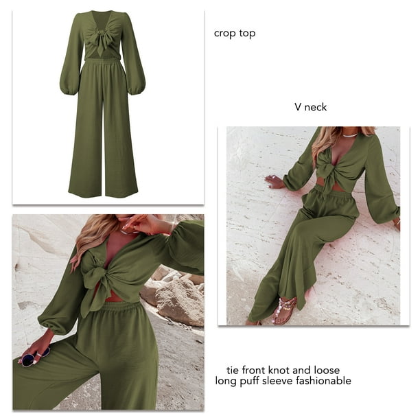 Women's Two Piece Pants 2 Sets Womens Outfits Classy Printed Tops Puff  Sleeve Wide Leg Office Lady Work Wear Pieces Set Suit