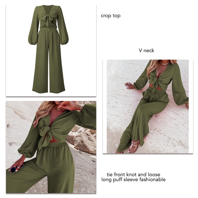 Crop Top Conjunto De Pantalones De Pierna Ancha Con Lazo En La Parte Delantera Conjunto De Pantalones De Pierna Ancha Top De Manga Larga Y Pantalones De Pierna Ancha Mujeres Trajes
