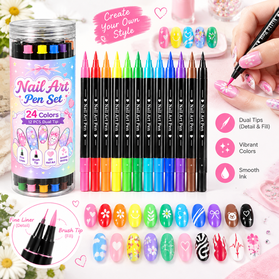 24 Colors Dual-Ended Nail Art Pens Set – Fine Liner & Brush Tips for Details, Outlines & Smooth Fills, DIY Manicure Nail Design Tools