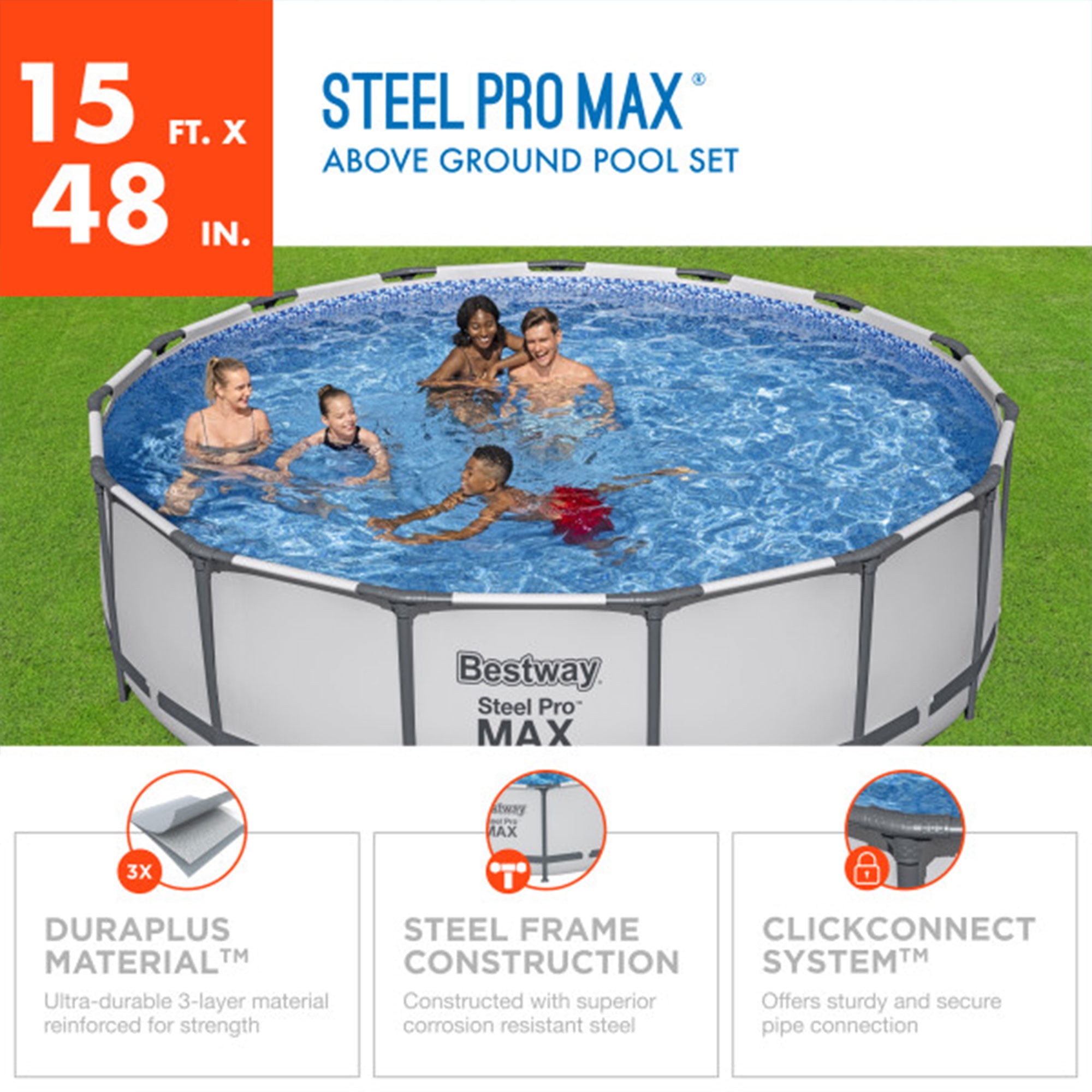 Bestway: Steel Pro MAX 15' X 48" Above Ground Pool Set - 4231 Gallon, Outdoor Family Pool, Corrosion & Puncture Resistant, Includes Filter, Pump, Ladder & Cover