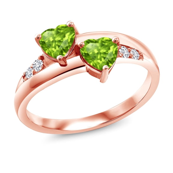 Gem Stone King 1.08 Ct Heart Shape Green Peridot 18K Rose Gold Plated Silver Lab Grown Diamond Ring (Size 6)