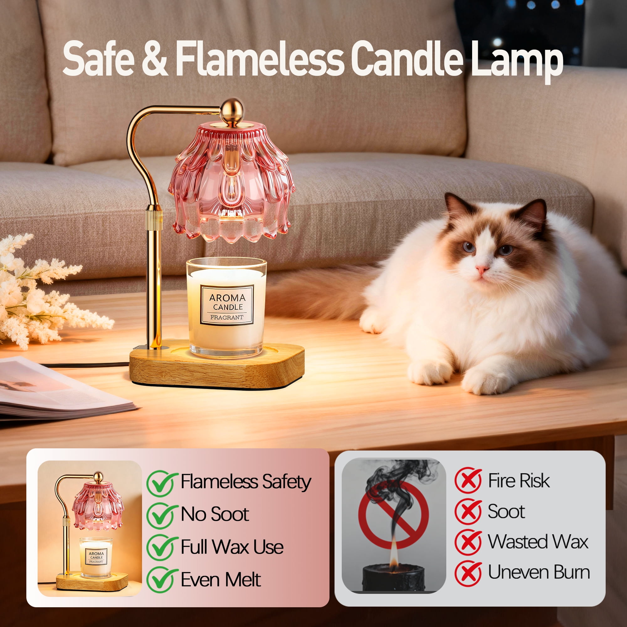Modern Candle Warmer Lamp with Timer Dimmer, Adjustable Height Glass Lamp for Gifts, Home Decor, Pink