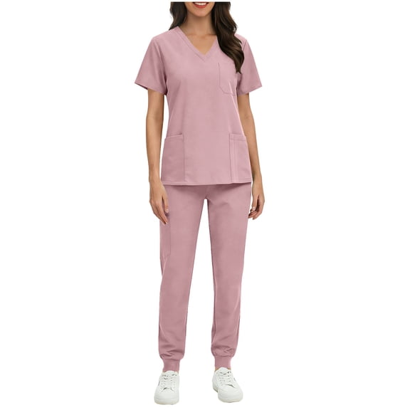 Busydd Women Scrubs Sets with Pockets Trendy 2 Piece Solid Color Scrubs for Women V Neck Short Sleeve Tops and Elastic Bottom Pants Scrub Set