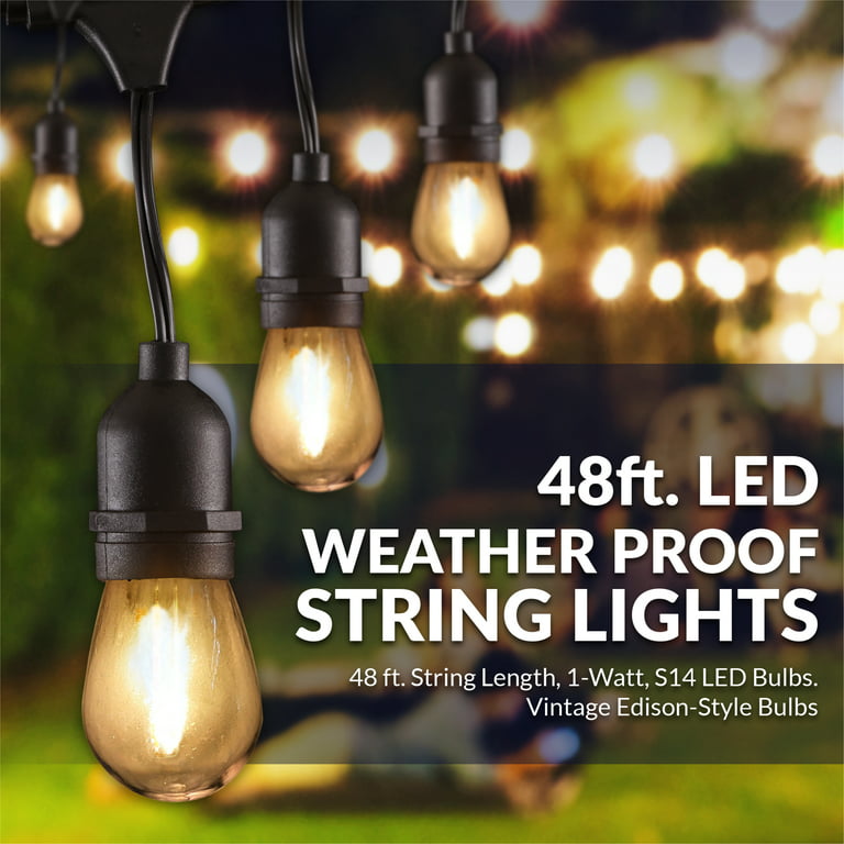 LED String Lights with Weatherproof Technology, Dimmable with Wireless  Remote Control, 48ft and 16 (15+1 free) LED Light Bulbs Included - Newhouse  Lighting