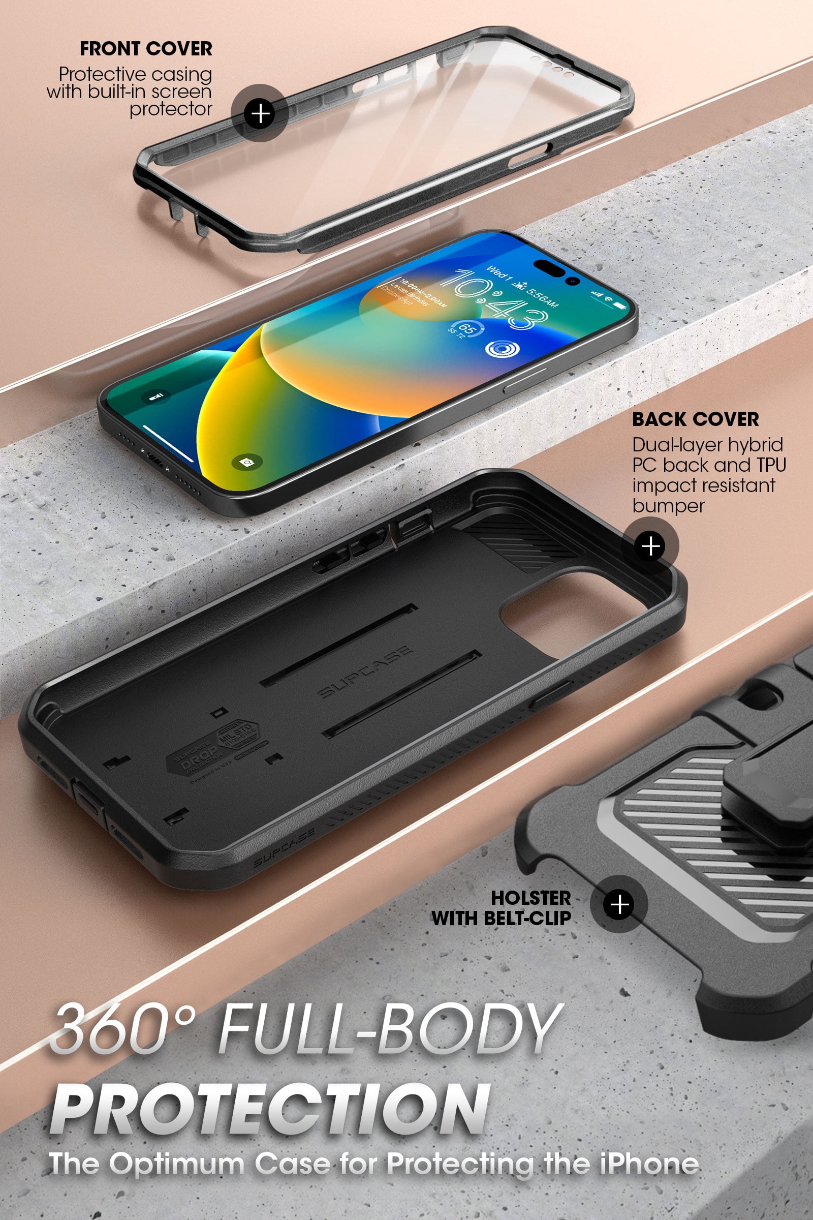 SUPCASE Unicorn Beetle Pro Case for iPhone 14 Pro Max 6.7", with Built-in Screen Protector & Kickstand & Belt-Clip Heavy Duty Rugged Case (Black)