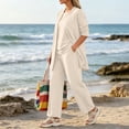 thumbnail image 3 of Textilo 3 Piece Lounge Sets for Women Open Front 3/4 Sleeve Cardigan Sleeveless Tank Tops Wide Leg Pants Sets Formal Evening Outfit for Wedding,Beige XL, 3 of 5