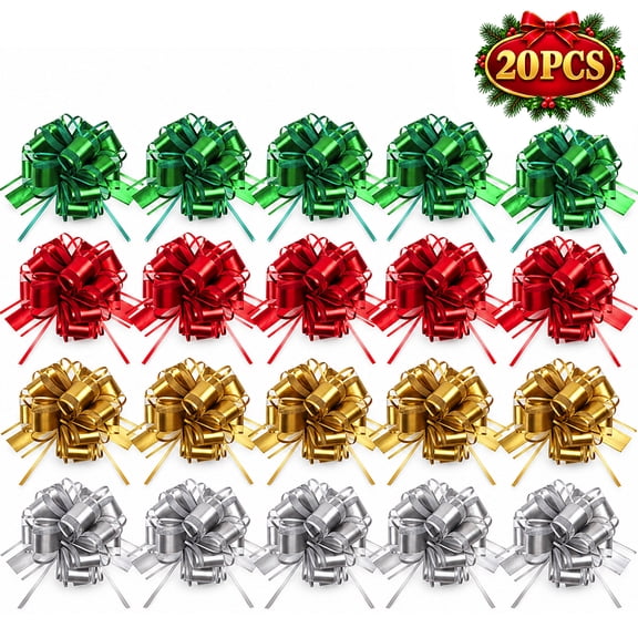 Christmas Pull Bows Gift Wrap Bows, 20 Pcs 6 Inch Multicolor Large Bows, Green Red Gold Silver Wrap Accessory for Gift Baskets Present Holiday Wedding Party Decor