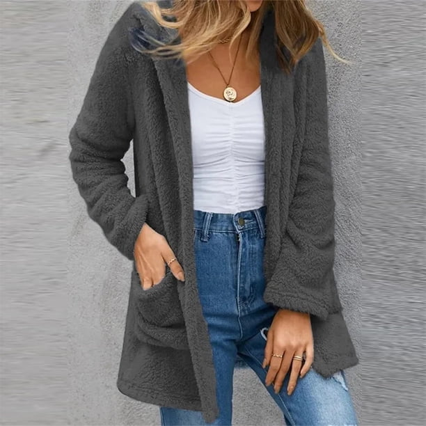 Cárdigan de invierno para mujer, de manga larga, de color liso, de punto, con doble bolsillo y capucha, de polar, chaqueta, abrigo para mujer