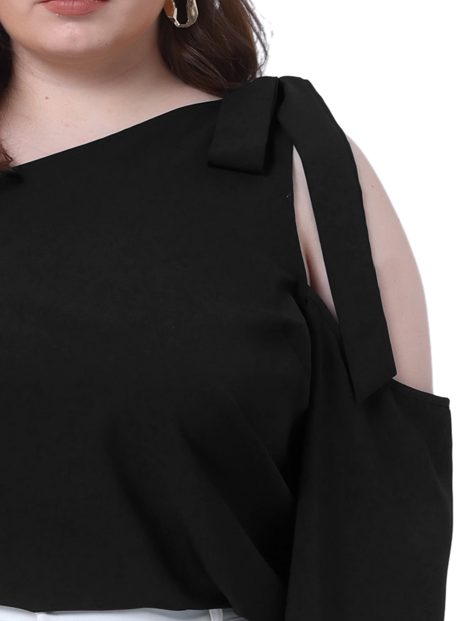 DARING DIVA Women's Plus Cold Shoulder Tie Long Sleeve Blouse 2X Black