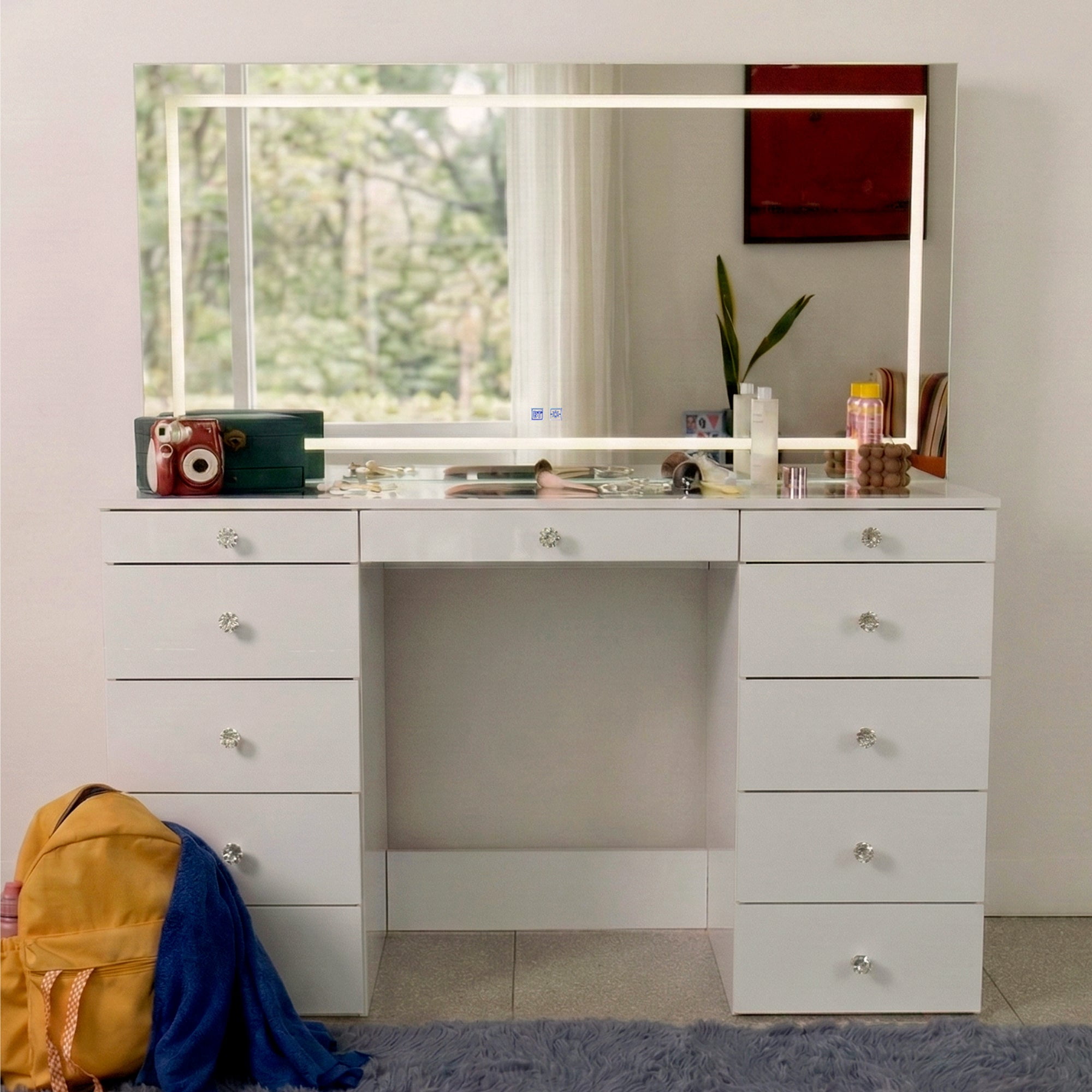 Boahaus Elara Extra Large Vanity Desk with Mirror and Lights – 11 Drawer Makeup Vanity Table with Storage, Power Outlet and Built-In Speakers
