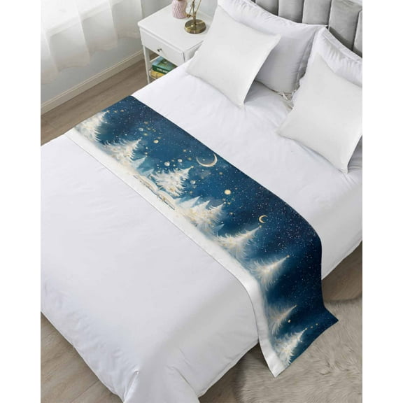 Blue Christmas Tree Bed Runner for Twin Size Bed, Xmas Tree Yellow Moon Balls Bedspread Protector Slipcover Bed Scarf for Foot Bed Runners & Scarves for Bedroom Hotel Wedding Room 71x20 Inches