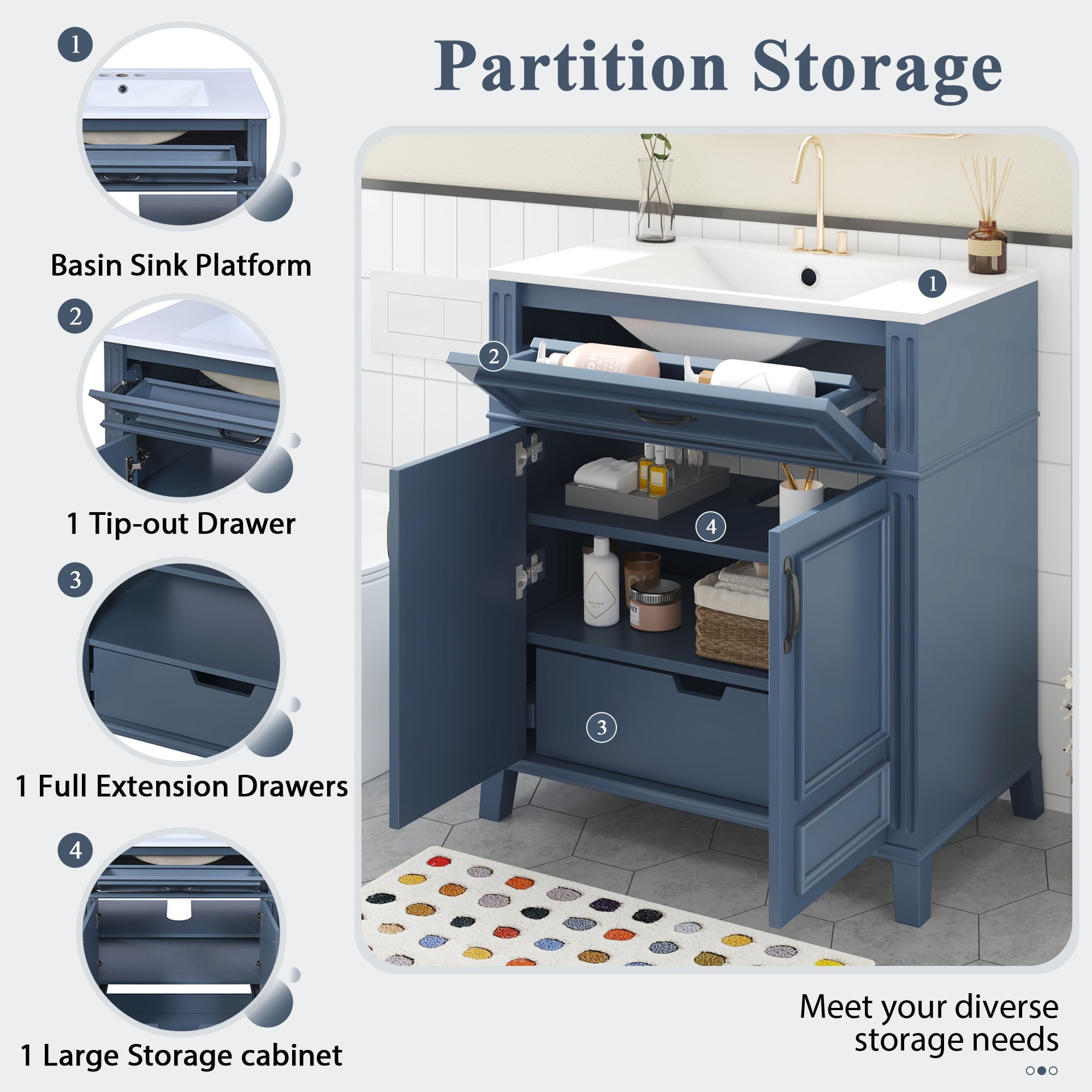 Harper & Bright Designs 30" Bathroom Vanity Sink Combo, Bathroom Storage Cabinet with Drawers, Single Sink Bathroom Vanity with Soft Closing Doors, Blue