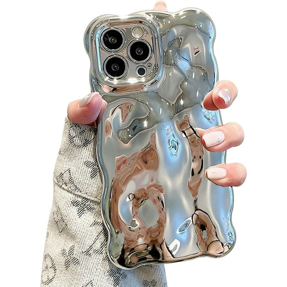 Case for iPhone 14 Pro Max 6.7 inch, Cute Solid Color Curly Wave Shape Shockproof Soft Bumper Phone Case, Candy Water Ripple 3D Silicon Slim Pretty Case Aesthetic Cover, Silver