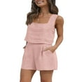 thumbnail image 2 of EIMELI Women 2 Piece Outfits Linen Matching Set Vest Crop Tank Tops with Shorts Summer Going Out Trendy Vacation Set, 2 of 7