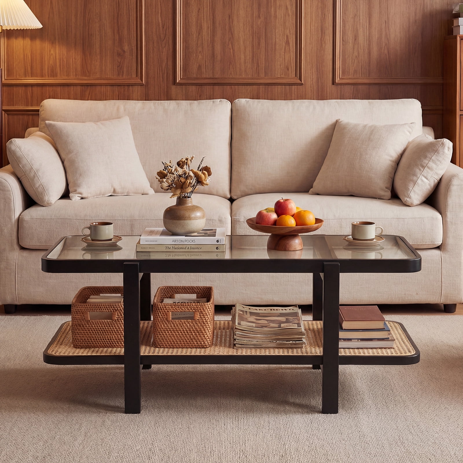 Costway 2-Tier Coffee Table with Storage, Tempered Glass Top, PE Rattan Shelf & Wood Frame Black & Natural