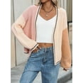 thumbnail image 3 of Women'S Color Block Open Front Cardigan Contrast Striped Chunky Cardigan Sweater Outerwear Coat Pink L, 3 of 7