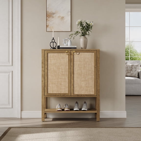 SICOTAS 31.5"W Boho Shoe Cabinet with 2 Rattan Doors, Boho, Cherry Oak Coastal Shoe Storage Organizer with Adjustable Shelves & Open Storage for Hallway Foyer Living Room